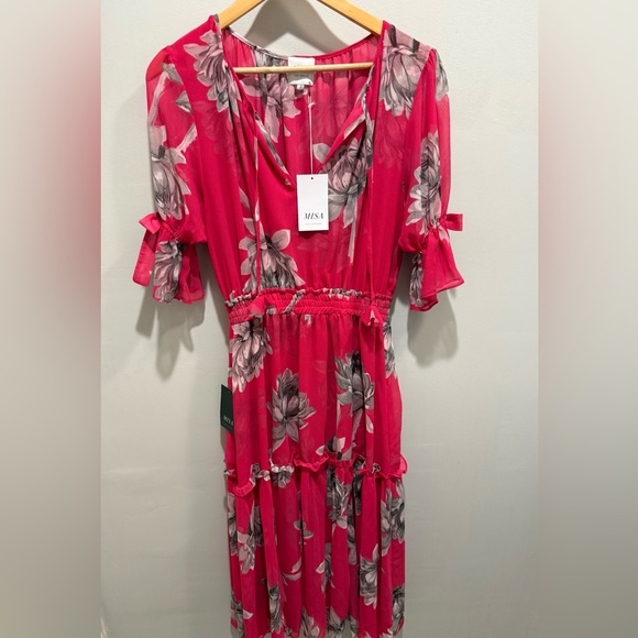 MISA Los Angeles Dariya Pink Floral Sheer Midi Dress NWT Tie Neck Boho Small - Picture 2 of 13